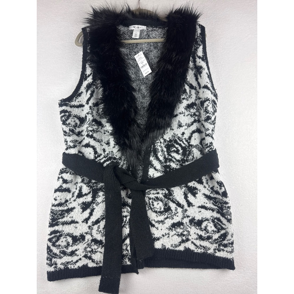 WHBM Winter Rose Jacquard Faux Fur Sweater Vest Black White Metallic L 570318391